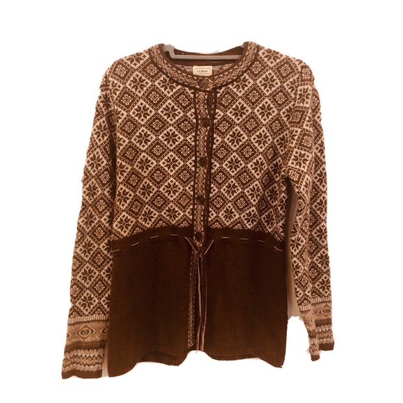 L.L. Bean Sweaters - LL Bean Chocolate Brown & Cream Snowflake Lambswool Cardigan Sweater Sz M
